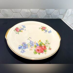 Taylor Smith TST Vintage Floral Cake Plate Roses & Gold Trim Made In USA Round
